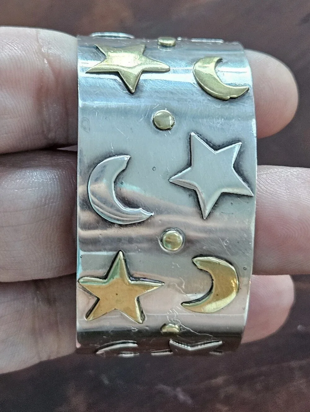 Vintage Taxco Sterling Two-Tone Celestial Cuff Bracelet Silver & Gold Moon Star